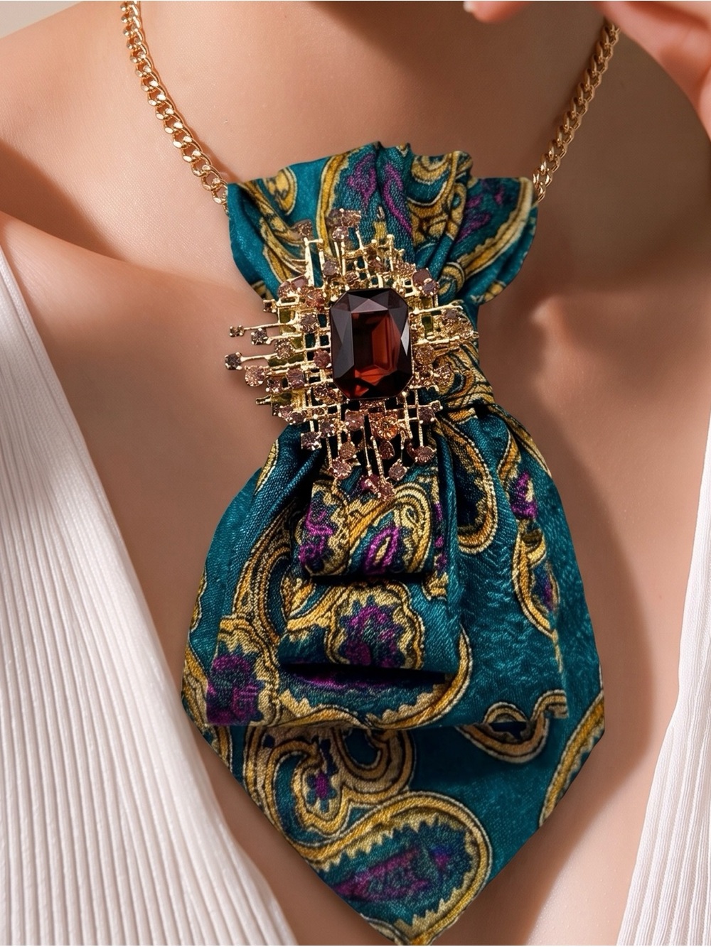 CHIC CHICK UPCYCLE Statement Brooch Tie Necklace Teal Paisley Amber Gem